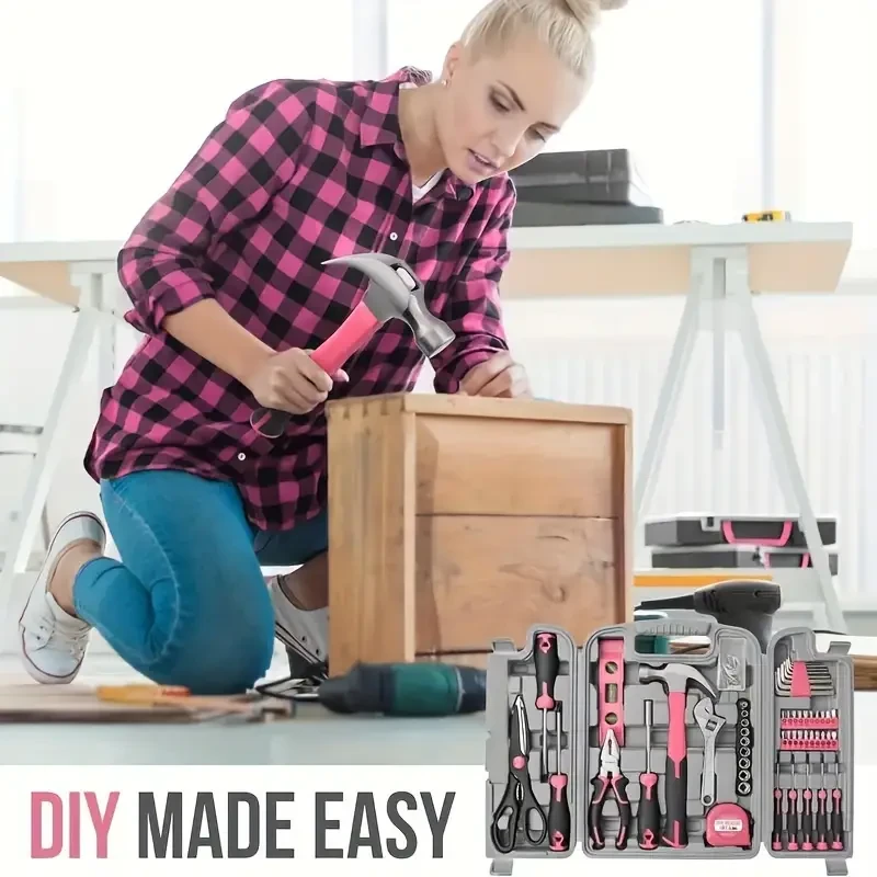 Ensemble d'outils roses pour femmes, 54 pièces pour la maison, avec boîte à outils, kit d'outils de base pour la maison pour femmes et filles, pour la maison, le garage, le bureau, le dortoir universi